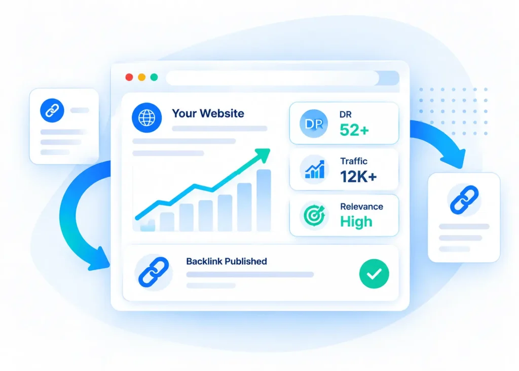 Backlink performance dashboard showing website growth and SEO metrics