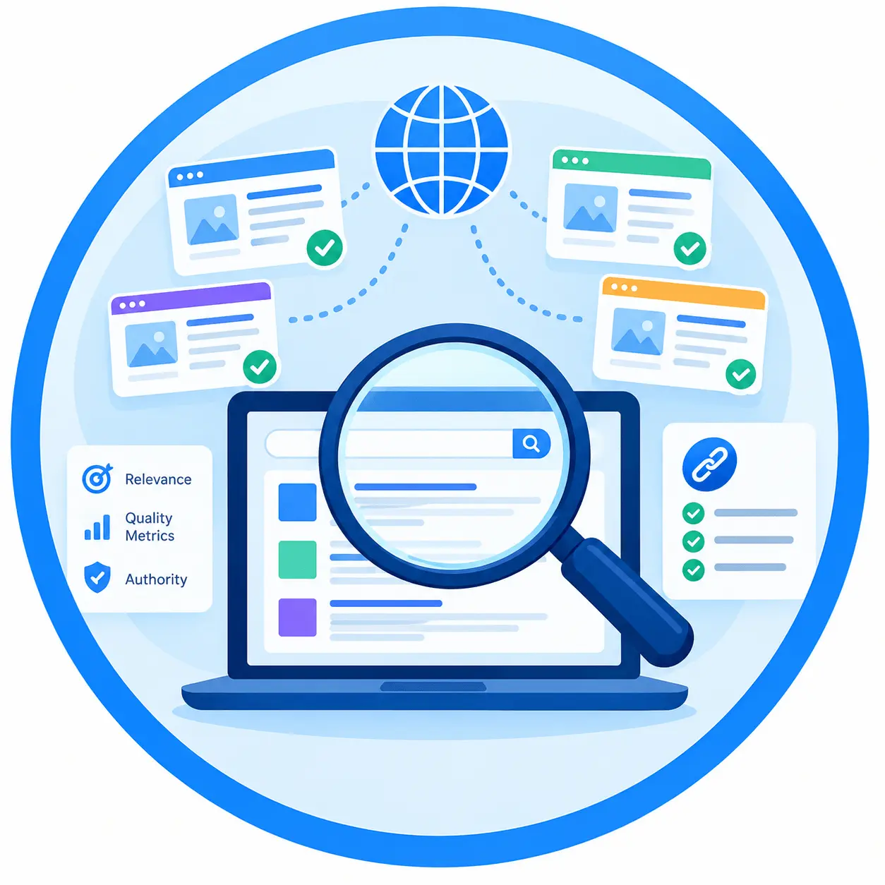 Researching potential websites based on relevance and quality metrics
